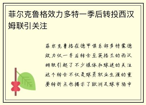 菲尔克鲁格效力多特一季后转投西汉姆联引关注