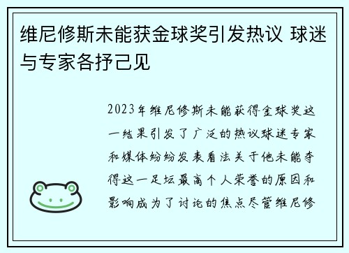 维尼修斯未能获金球奖引发热议 球迷与专家各抒己见